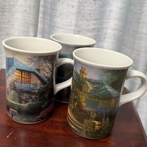 3 Thomas Kinkade Heat Activated Changing Mugs Lilac Cottage Hollyhock House